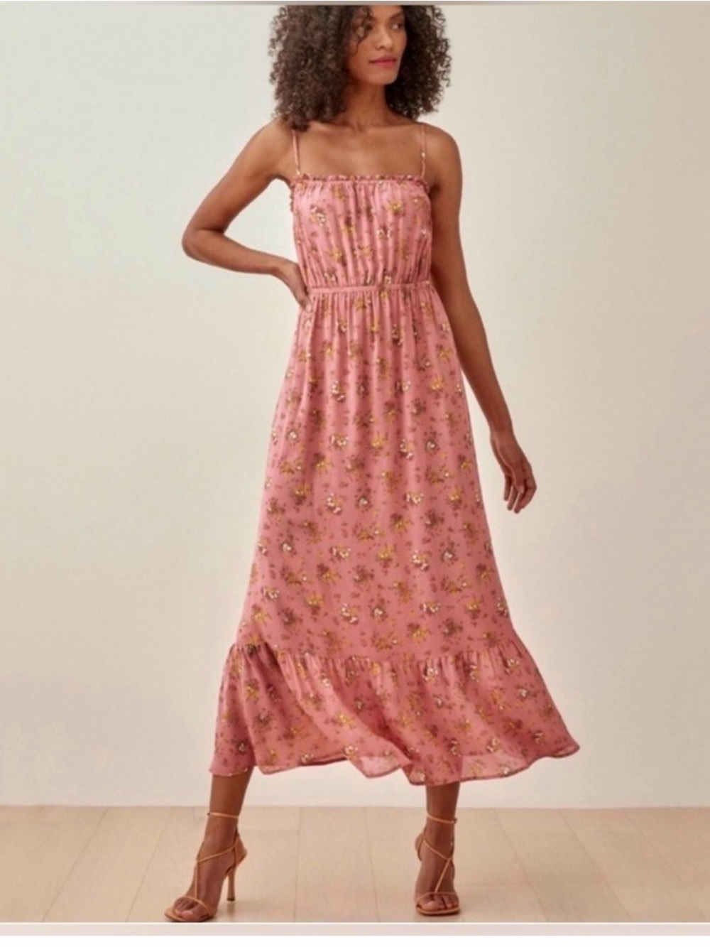 Reformation Rose-Pink Floral Smocked Neck Blouse